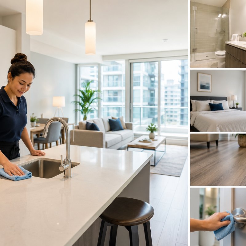 Wiping a kitchen counter in a bright apartment with a clean living room, bedroom, bathroom, floors, and door handle details.